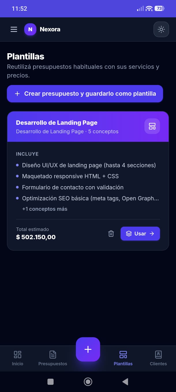Nexora generador de presupuesto - vista móvil